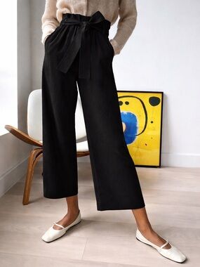 Aritzia Wilfred Paperbag Waist Wide Leg Cropped Pants Black Tie Waist Size 8